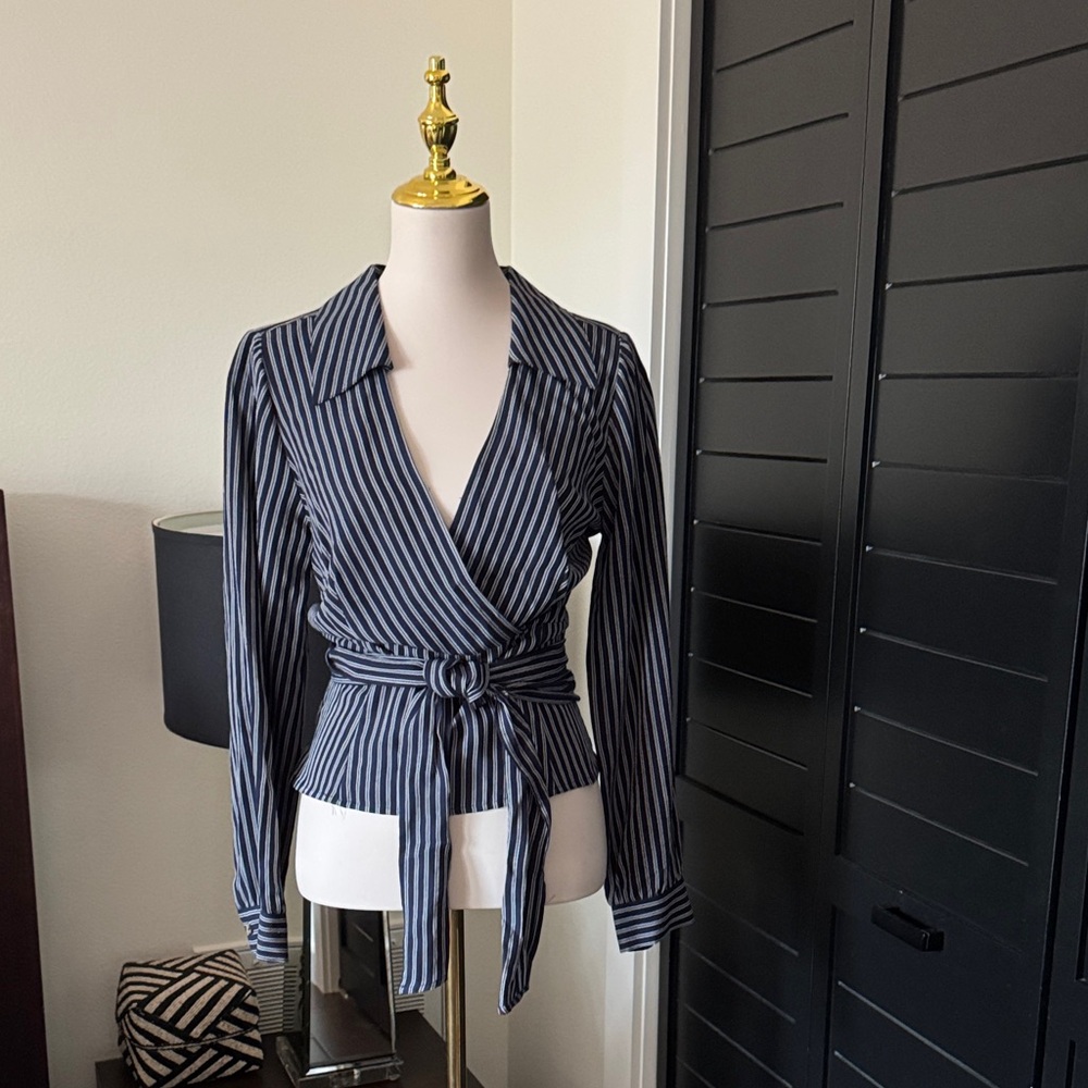 Maeve Navy Pinstripe Wrap Blouse